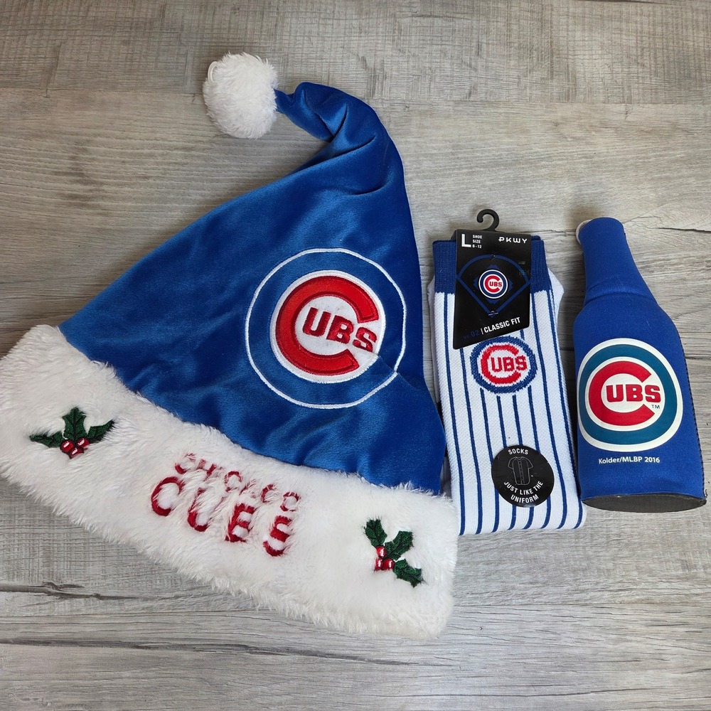 Chicago Cubs Fan Bundle PKWY Pinstripe Socks Santa Hat & 2016 Bottle Koozie NEW